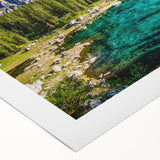 Art deco poster of the Dolomites in Italy, featuring muted earth tones on rolled canvas, suitable for dining room decor.