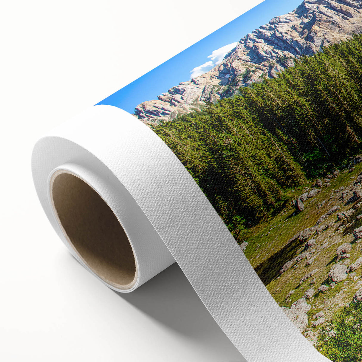 Art deco poster of the Dolomites in muted earth tones on rolled canvas, ideal for nursery wall art.