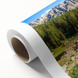 Art deco poster of the Dolomites in muted earth tones on rolled canvas, ideal for nursery wall art.