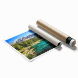 Extra large rolled print of the Dolomites in Italy, featuring vibrant green meadows and towering mountains.