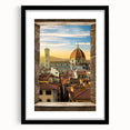 Extra large, colorful abstract art print of Florence scenery in a black frame, ideal for living room decor.