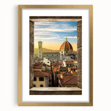 Abstract art print of Florence scenery in muted gold and earth tones on a framed canvas, suitable for dining room decor.