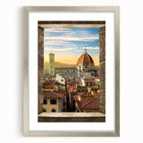 Extra large wall art of abstract Florence scenery in textured silver frame, suitable for living room decor.