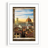Textured art print of Florence landscape in muted earth tones, framed with a white mat, ideal for bedroom art.