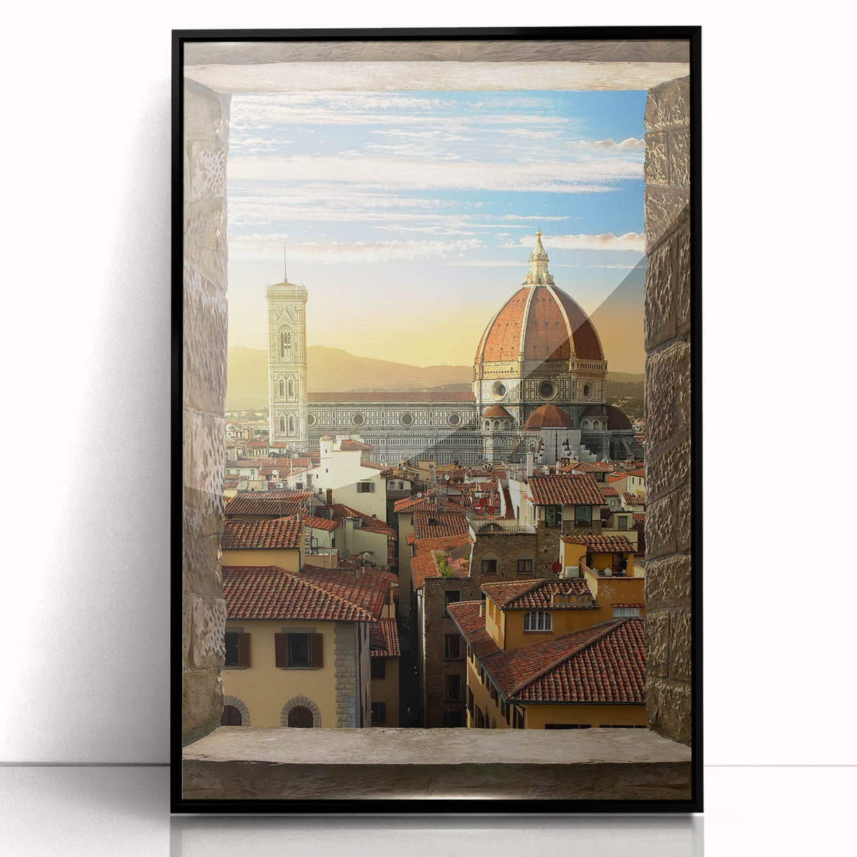 Large abstract wall art depicting Florence scenery in mid-century modernist style, framed in black acrylic.