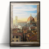 Large abstract wall art depicting Florence scenery in mid-century modernist style, framed in black acrylic.