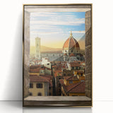 Framed acrylic modern art wall decor featuring a Florence cityscape in muted gold tones.