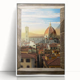 Mid-century modernist art of Florence skyline in muted earth tones, framed acrylic, ideal for nursery wall decor.