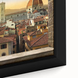 Framed canvas of Florence scenery in textured black with colorful accents, ideal for living room decor.