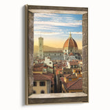Framed canvas of a vintage-style Florence landscape in muted gold and black tones, suitable for bedroom wall art.