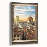 Framed canvas landscape art painting of Florence with a vintage poster style in colorful and black hues.