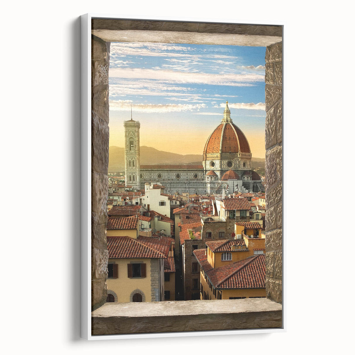 Vintage poster art of Florence with colorful palette on extra large framed canvas, ideal for living room decor.
