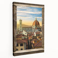 Side view of a stretched canvas featuring a detailed Florence cityscape in muted earth tones, ideal for kitchen wall art.