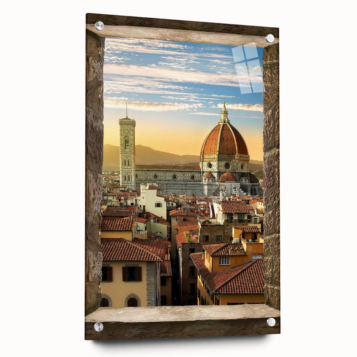 Acrylic print of Florence scenery with muted earth tones, ideal for bedroom or dining room decor.
