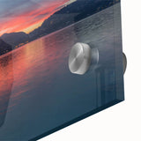 Acrylic glass print of Lake Como with muted blue and green tones, ideal for dining room art in a mid-century modernist style.