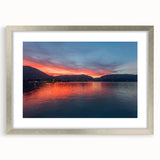 Extra large wall art of Lake Como with textured abstract prints in cool blue and green tones, framed in silver.