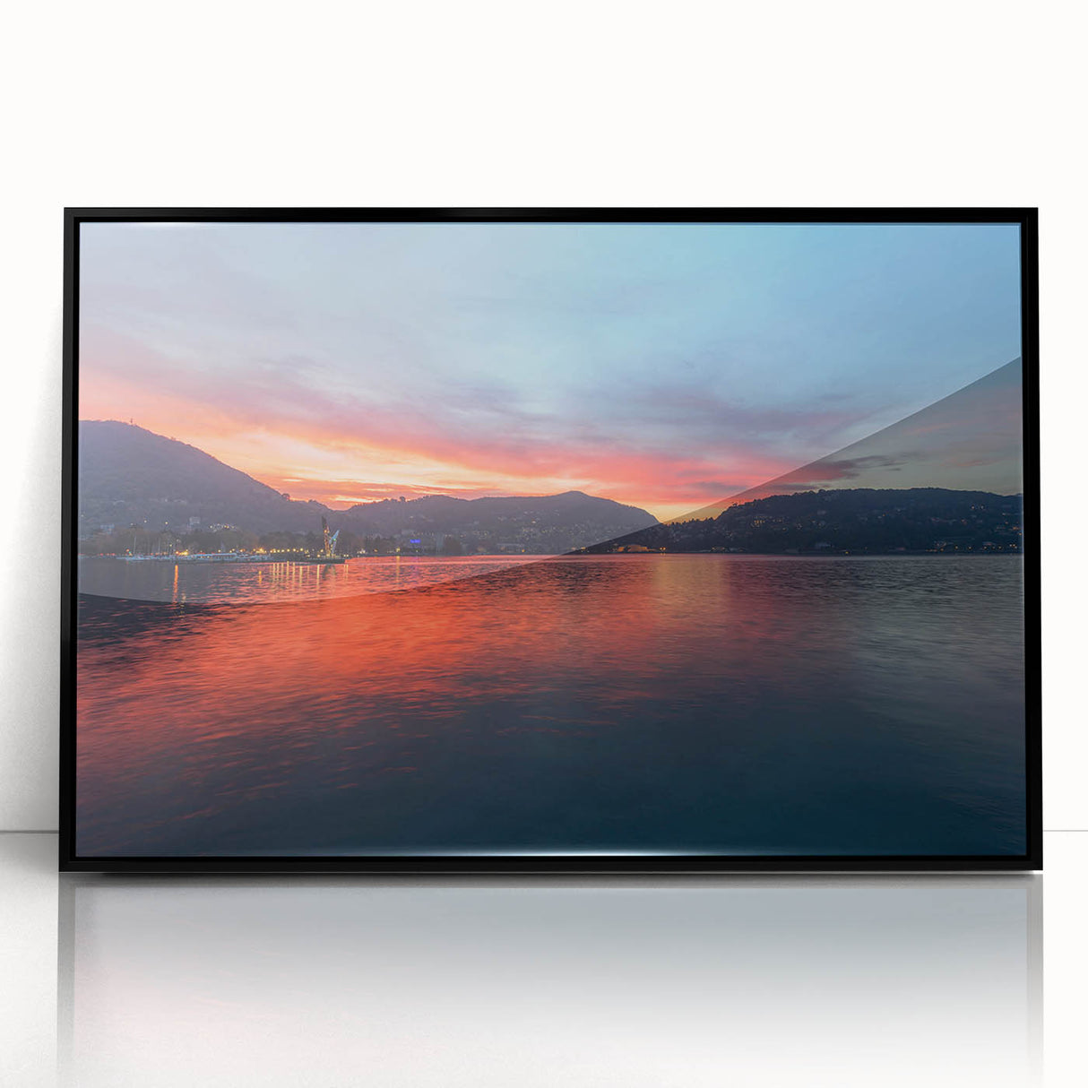 Large abstract wall art depicting Lake Como with muted blue and green tones on a framed acrylic.
