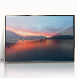 Large art print of Lake Como with muted blue and green tones, framed in silver acrylic, suitable for modern art wall decor.