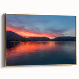 Framed canvas of vintage Lake Como landscape in muted gold and black tones, ideal for bedroom wall art.