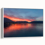 Vintage poster art of Lake Como with colorful palette on a framed canvas, ideal for living room decor.