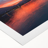 Art deco poster of Lake Como with muted blue and green tones on rolled canvas, suitable for dining room wall art.