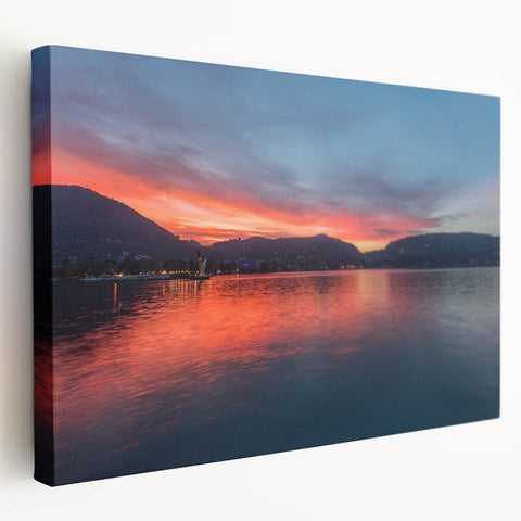 Lake Como scenery on stretched canvas, featuring calm blue and green tones, ideal for kitchen wall art.