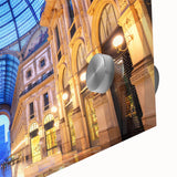 Large abstract depiction of Milan scenery on acrylic glass, using mid-century modernist style, ideal for dining room art.