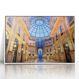 Mid-century modernist art of Milan skyline in muted grays and blues on a white framed acrylic print.