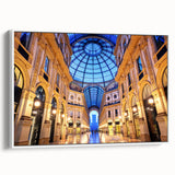 Vintage poster art of Milan scenery on extra large framed canvas with colorful and black elements.