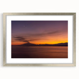 Extra large abstract art print of Mount Etna in textured hues of blue and gray, framed in silver.