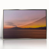 Large art print of Mount Etna, Italy in mid-century modernist style with muted earth tones on silver-framed acrylic.