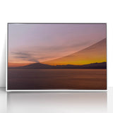 Mid-century modernist art depicting Mount Etna in vibrant orange and blue tones, framed acrylic, ideal for nursery wall art.