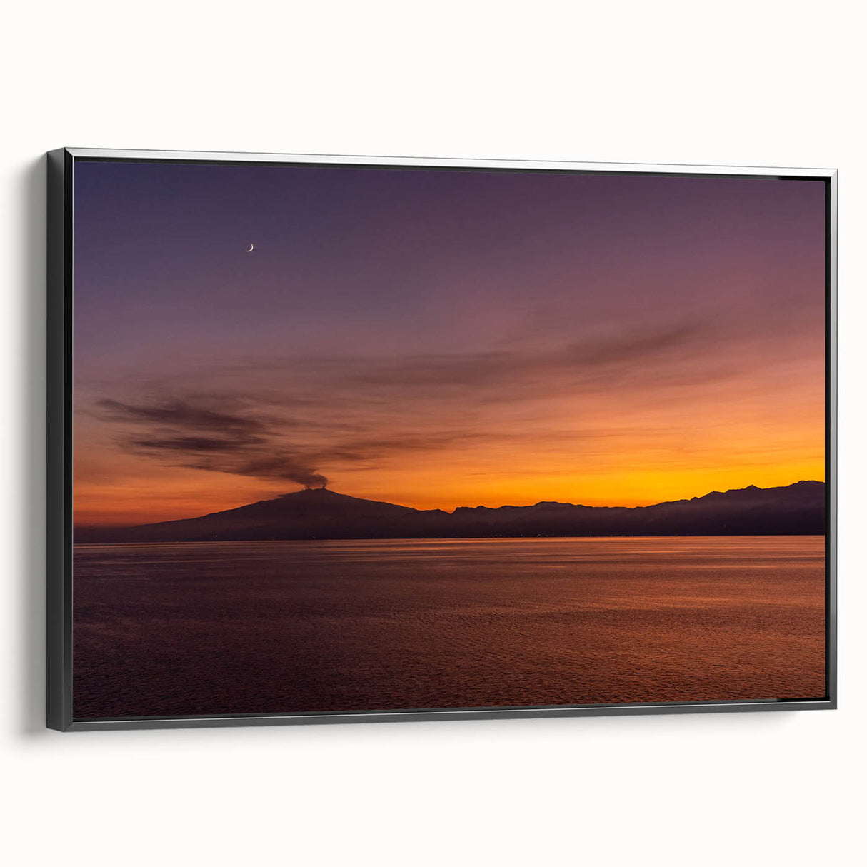 Black and white framed canvas of Mount Etna landscape, ideal for bedroom wall art in a vintage poster style.