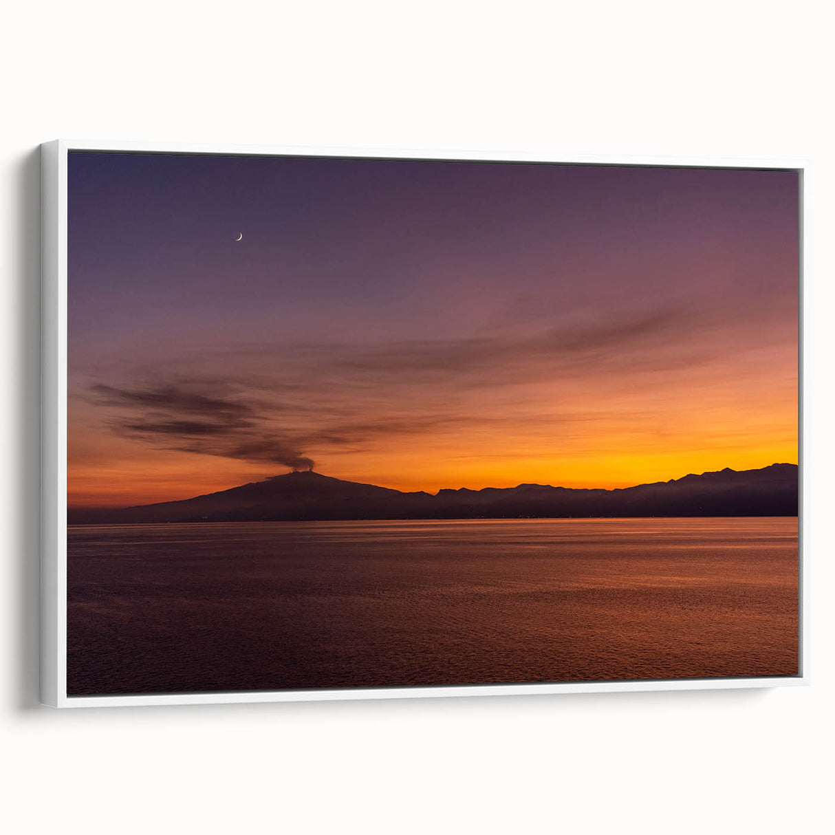 Vintage poster art of Mount Etna, featuring colorful landscape on extra large framed canvas, ideal for living room.
