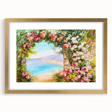 Abstract art print of Naples scenery in muted gold and blue tones on a framed canvas, ideal for dining room decor.