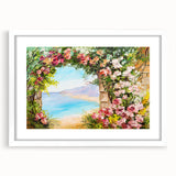 Textured abstract art print depicting a European cityscape in muted earth tones, framed with a white mat.