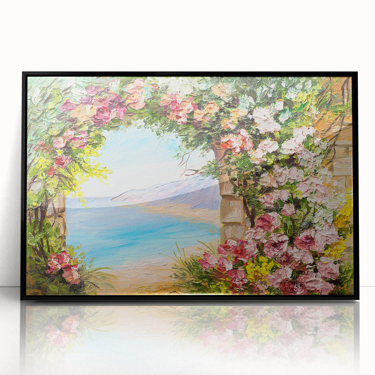 Large abstract wall art depicting a European Naples scenery in black and white acrylic, framed.