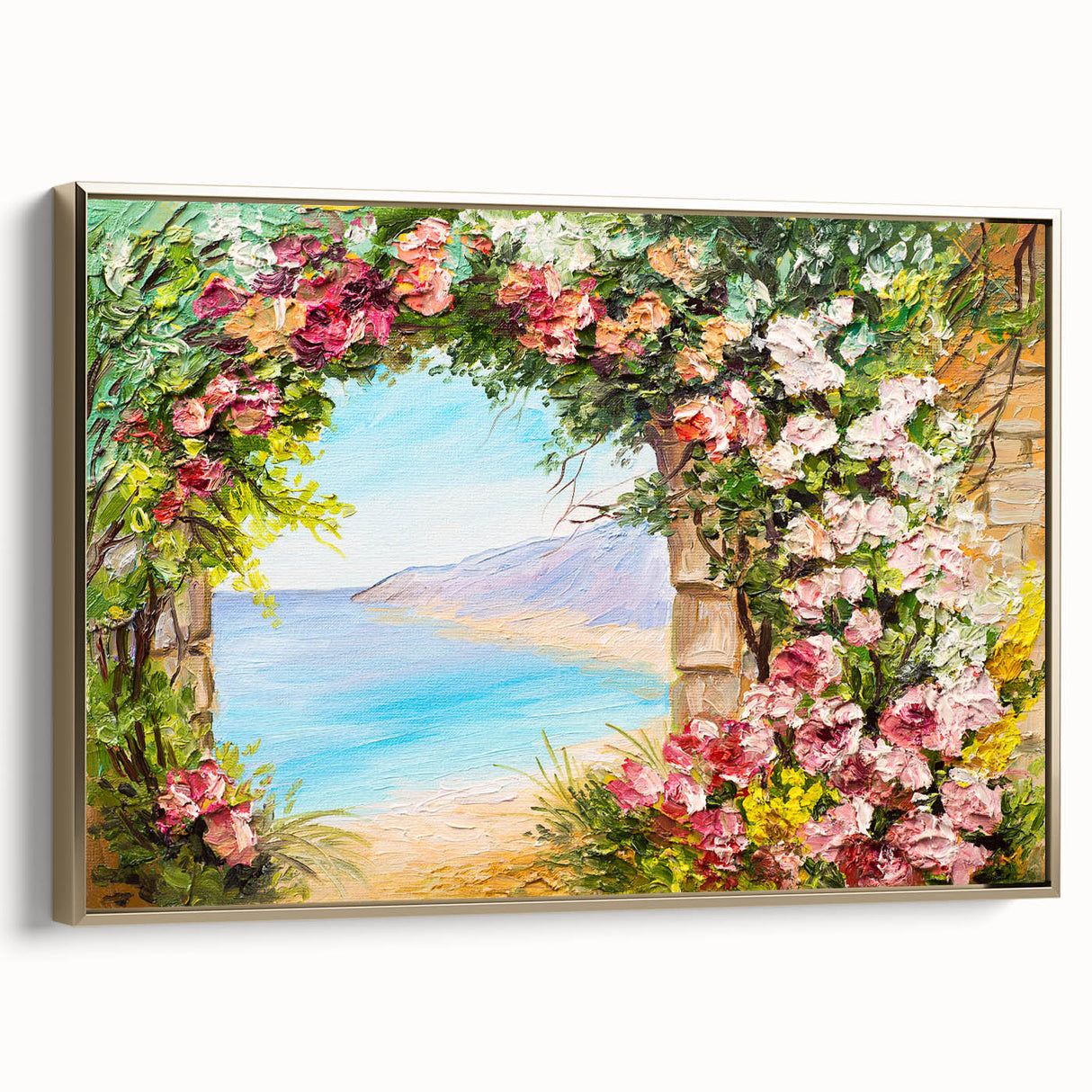 Framed canvas featuring a vintage landscape painting of Naples, Italy in muted gold and black tones.