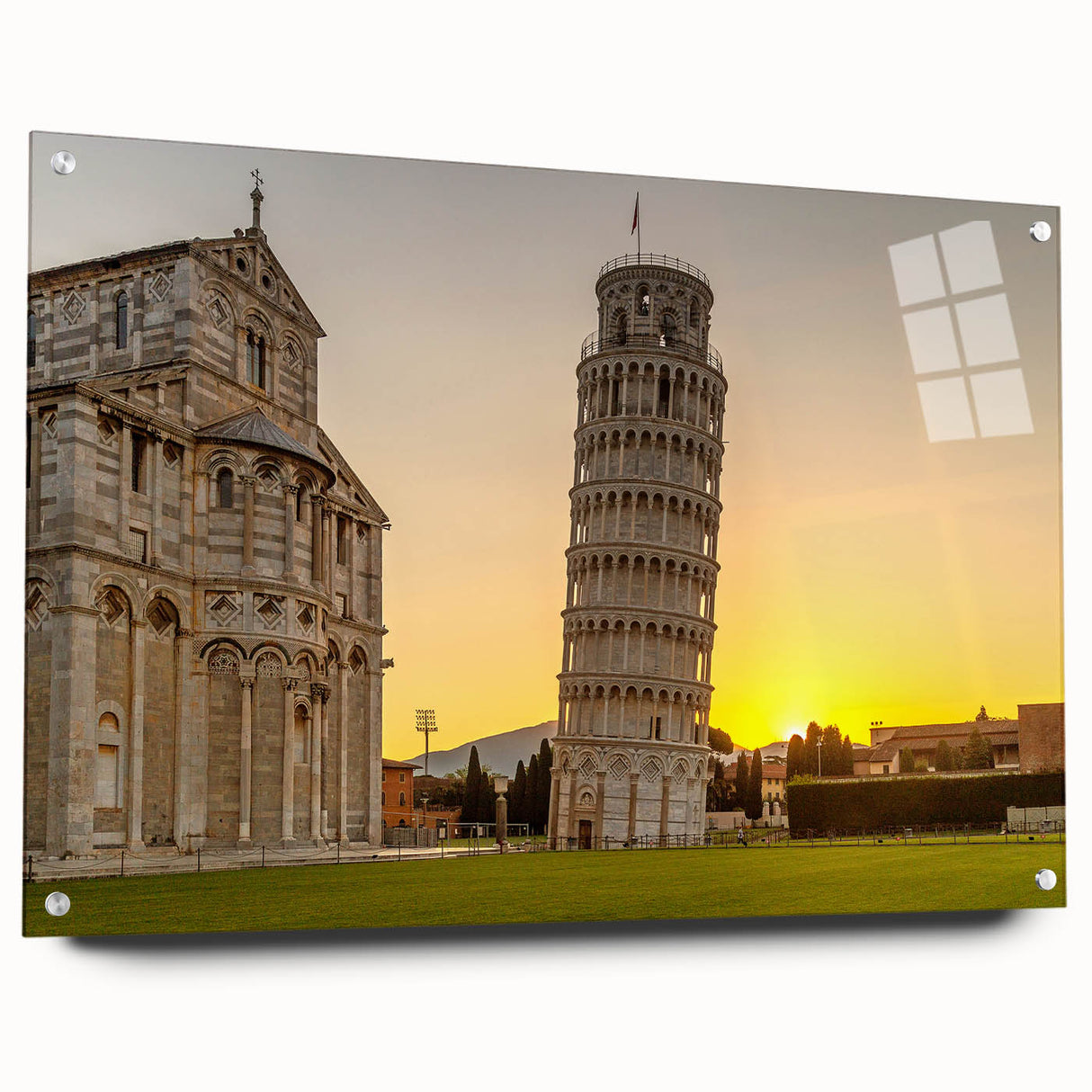 Acrylic print of the Leaning Tower of Pisa in muted earth tones, ideal for dining room decor.