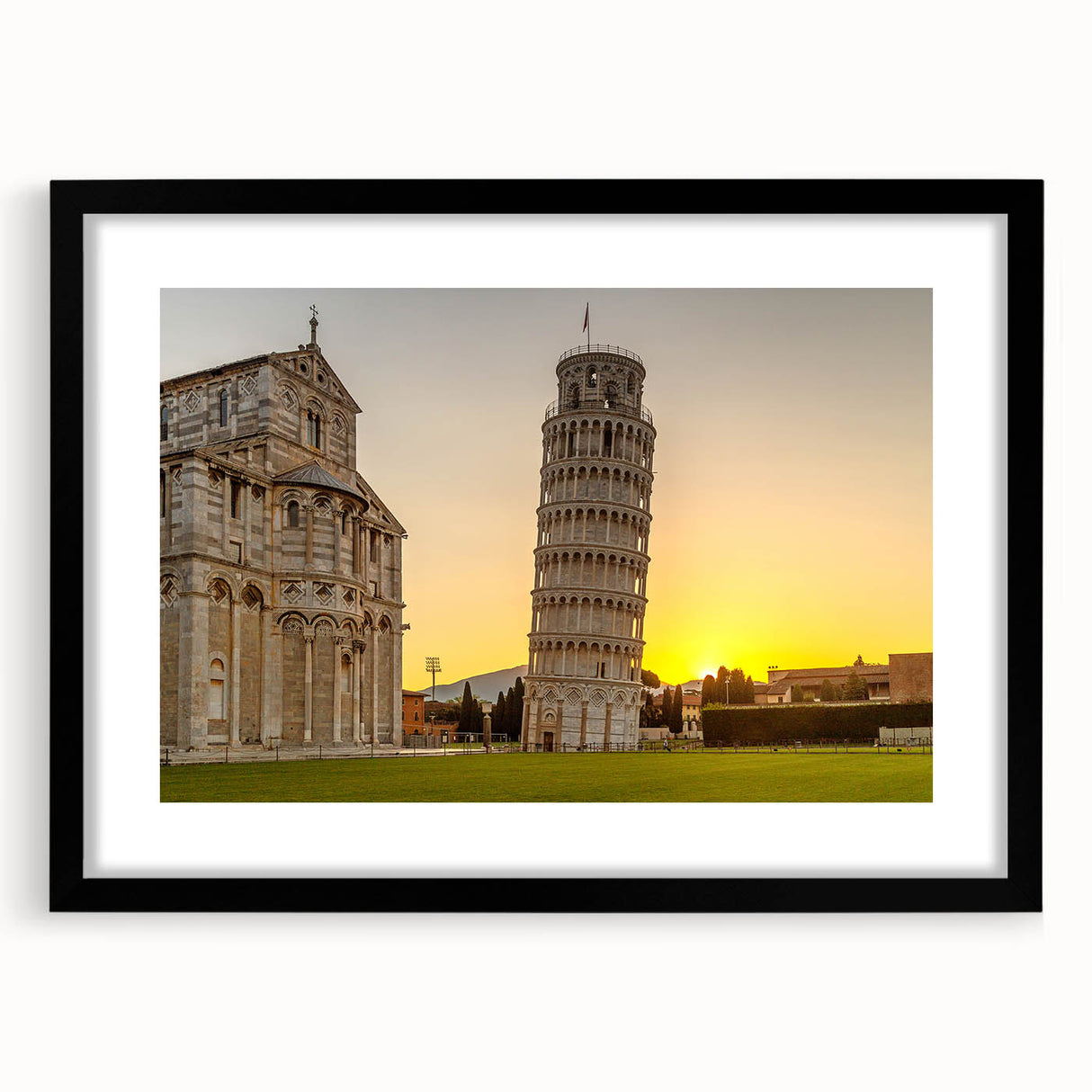 Abstract art print of Pisa, Italy, in vibrant colors on textured canvas, framed in black.