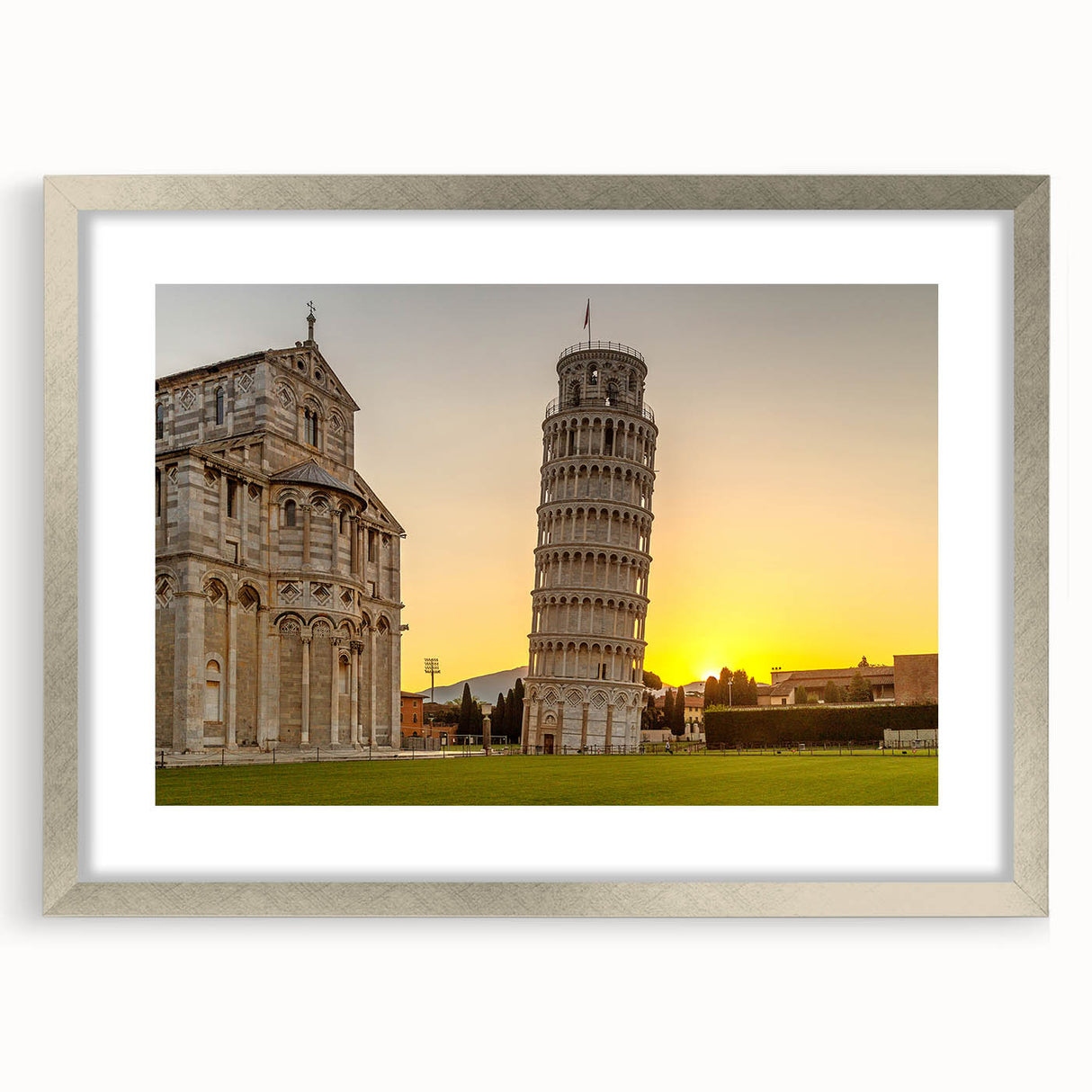 Extra large wall art of abstract Pisa scenery in muted earth tones, framed in silver, ideal for living room decor.