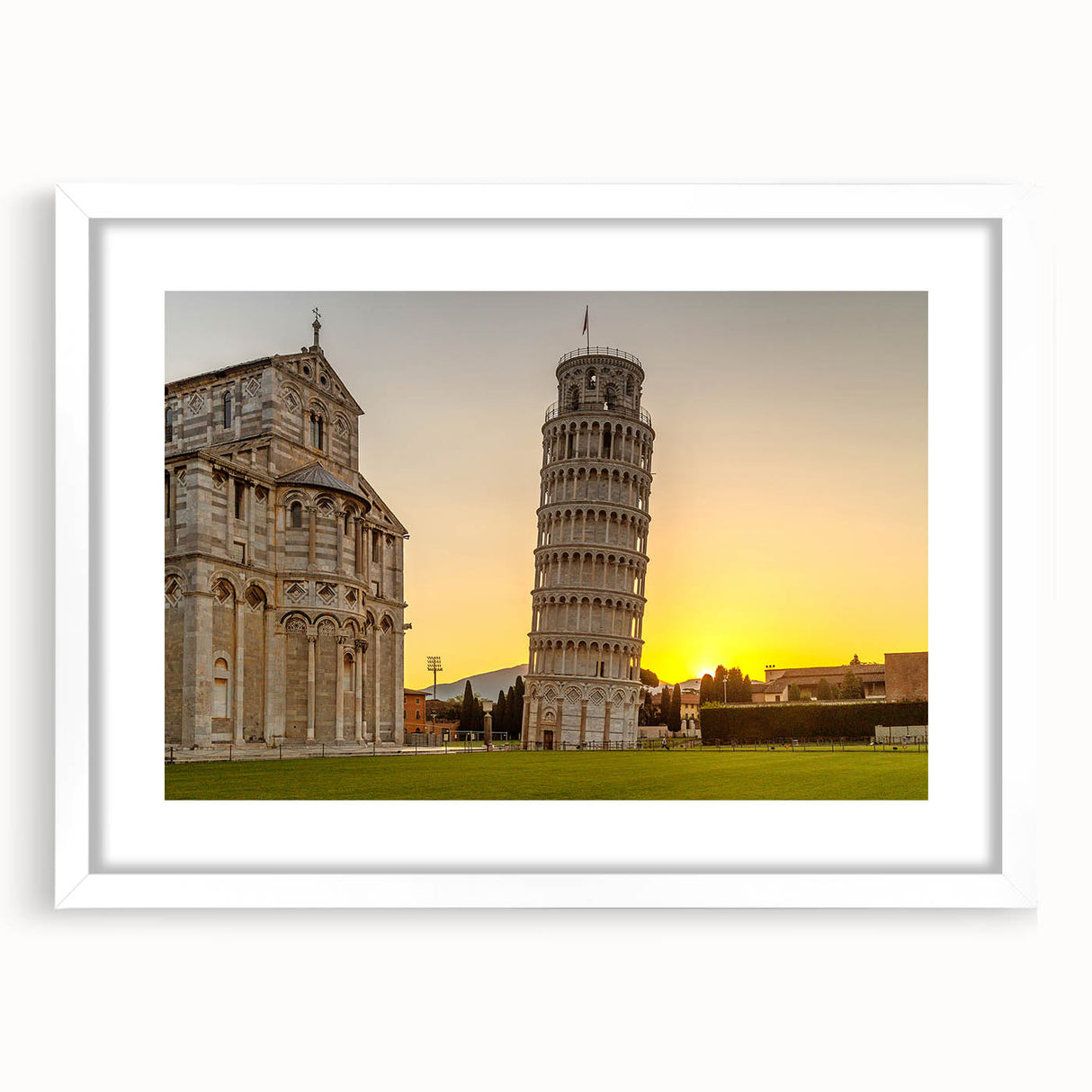 Textured art print of abstract Pisa scenery in muted earth tones on a framed white mat, ideal for bedroom wall decor.