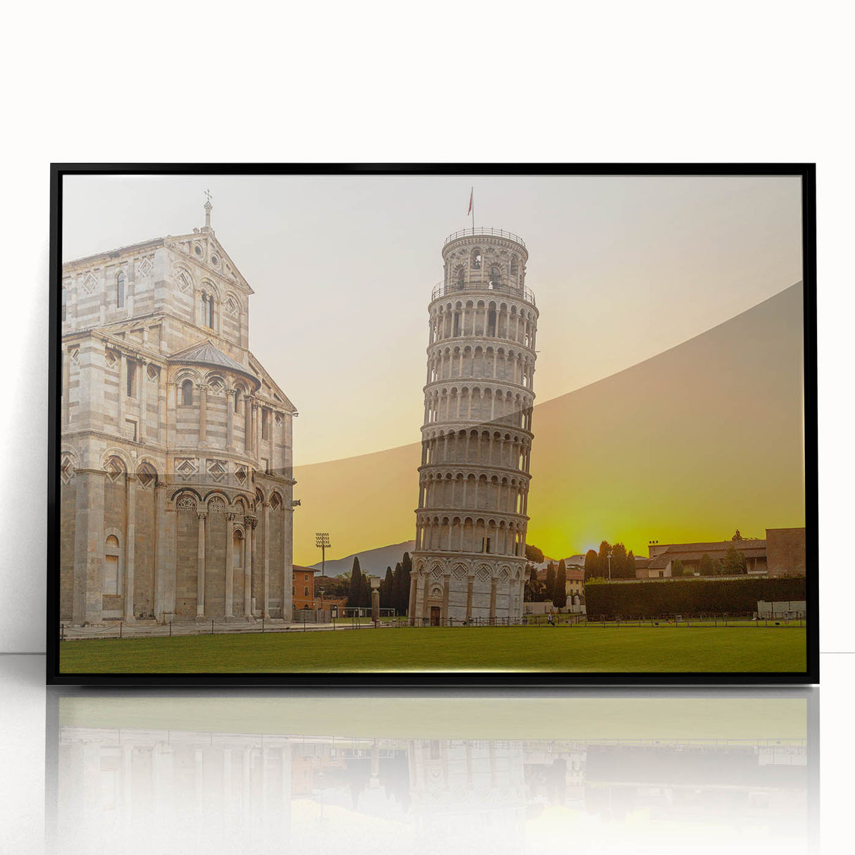 Large abstract wall art featuring a stylized Pisa landscape in muted earth tones on a framed acrylic.