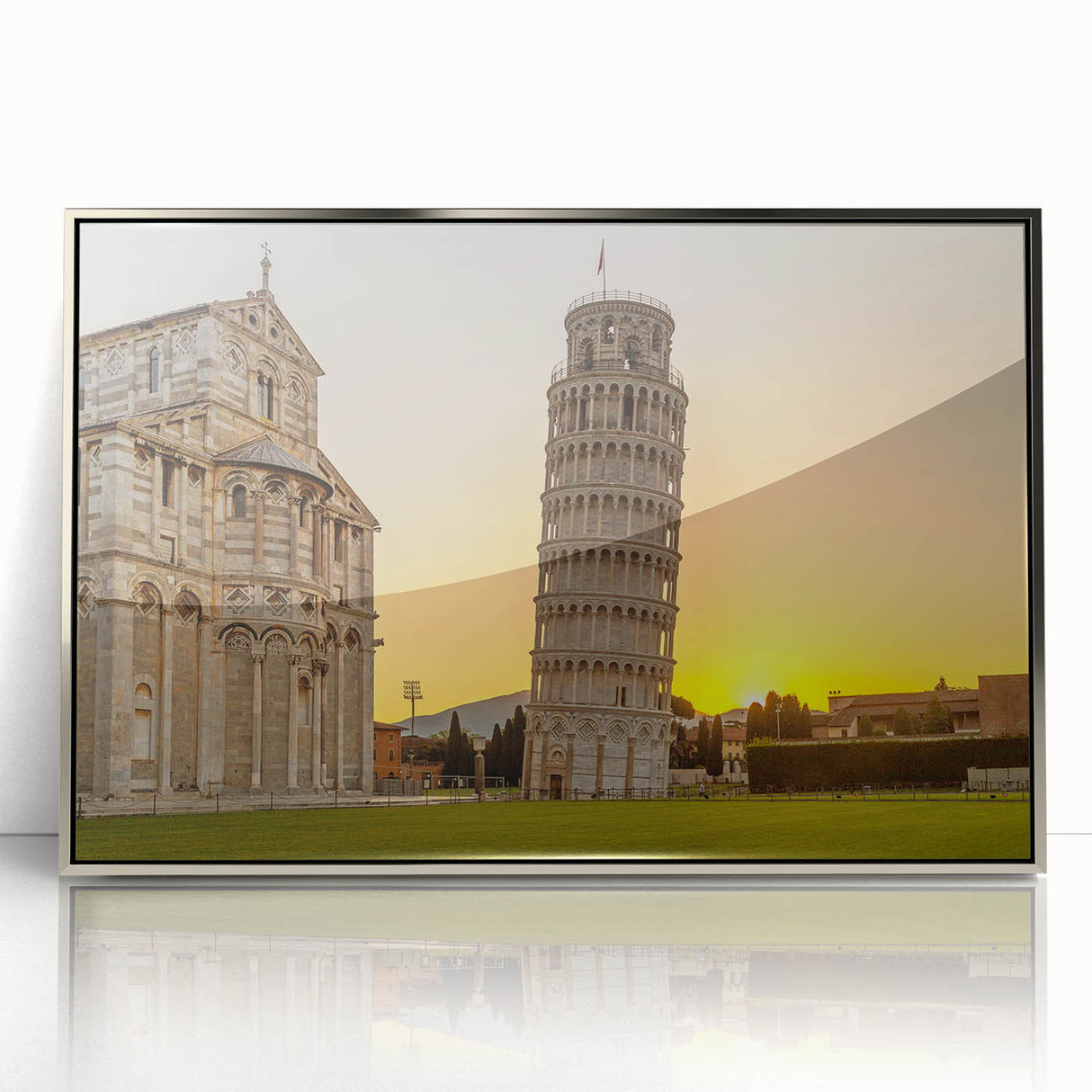 Acrylic print of the Leaning Tower of Pisa in muted earth tones, framed in silver, suitable for modern art wall decor.