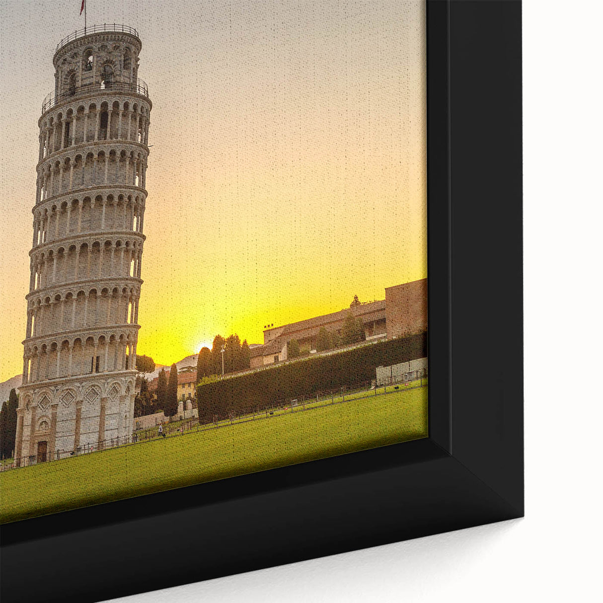 Black wall art featuring a textured close-up of the Leaning Tower of Pisa, set against a colorful backdrop.