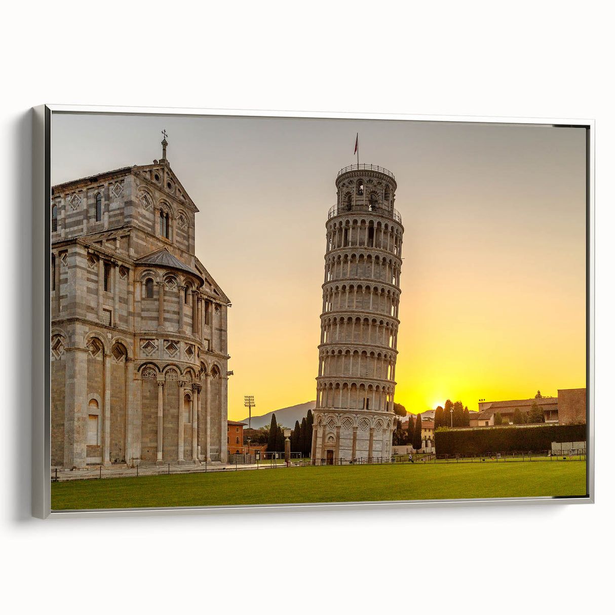 Framed canvas wall art featuring a vintage-style landscape painting of Pisa, Italy, in muted sepia tones.