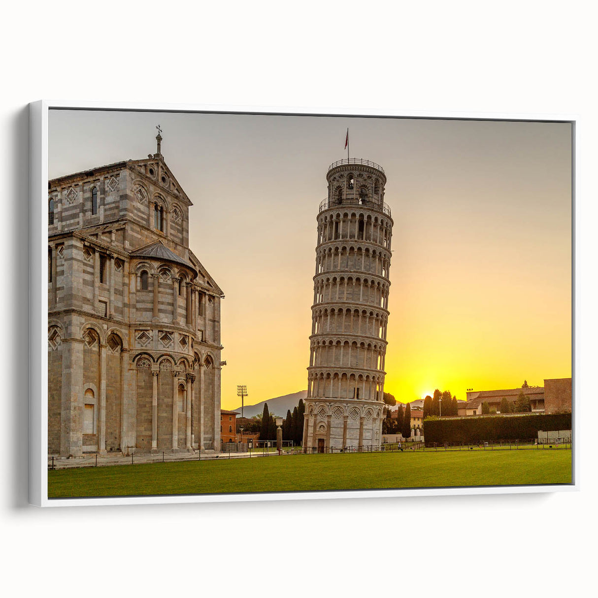 Framed canvas of a vintage-style landscape painting depicting the Leaning Tower of Pisa.