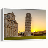 Framed canvas of a vintage-style landscape painting depicting the Leaning Tower of Pisa.