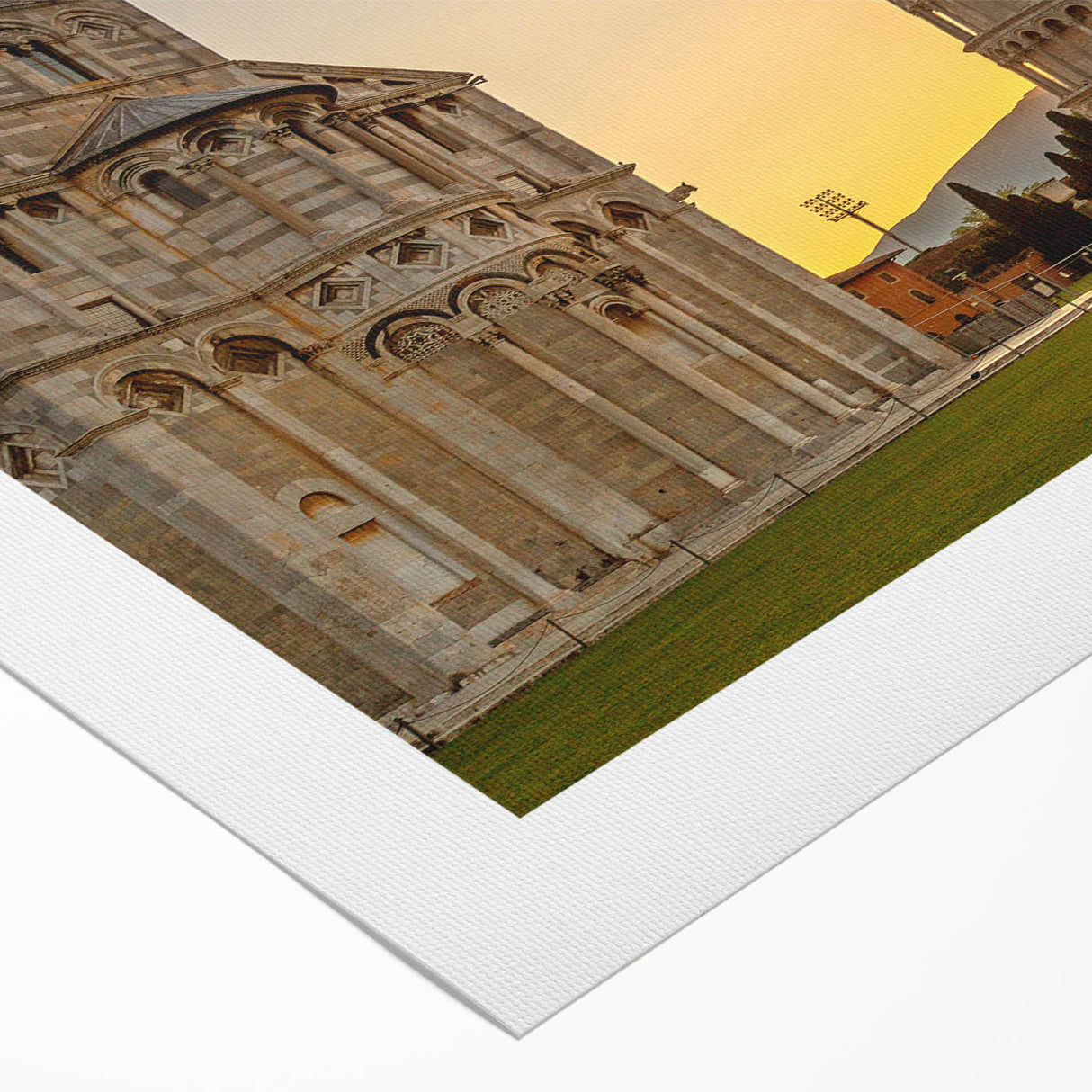 Art deco poster featuring the Leaning Tower of Pisa in muted earth tones on rolled canvas, suitable for dining room decor.