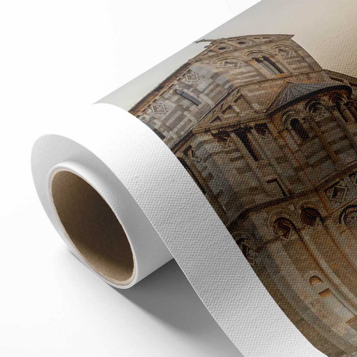 Art deco poster of the Leaning Tower of Pisa in muted pastel shades, rolled canvas, ideal for nursery wall art.